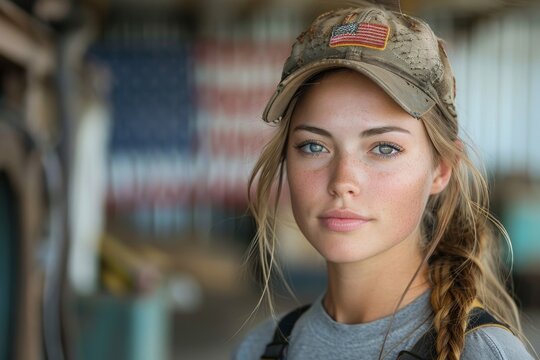 Natural beauty of a young woman with a cap and workshop setting as a backdrop