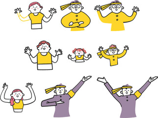 小さくバンザイしている応援団とチアリーディングの人々　イラスト素材

