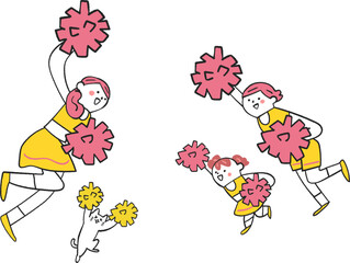 ポンポンを持って応援するチアリーディングの家族　煽り図　イラスト素材	
