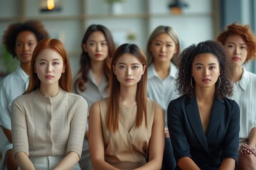 Young women with diverse ethnic backgrounds seated together in what appears to be a conference or meeting