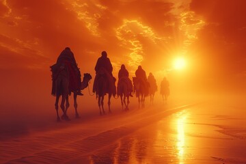 Fototapeta na wymiar The captivating silhouette of a camel caravan and riders crossing the sandy desert as the sun sets in a stunning display