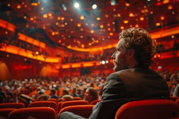 Engaged audience members enjoy a captivating performance in a spacious, modern theater setting with red seats