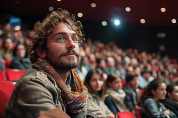 Enthusiastic young male spectator focused on a presentation or performance in an auditorium setting
