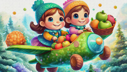 Obraz premium oil painting style cartoon character cute baby kids ride stylish green plane isolated on white background