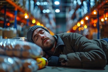 A homeless individual finds shelter, sleeping on the ground of a warehouse aisle, amidst boxes and products - obrazy, fototapety, plakaty