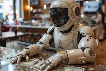 An advanced robot is depicted holding dollar bills in a casual cafe environment