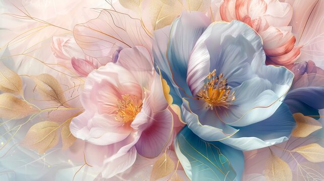 blue and pink pastel painted flowers over white background