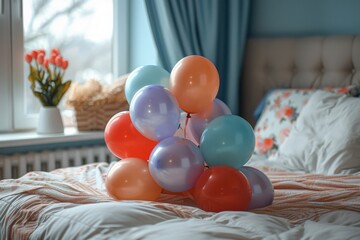 A colorful assortment of balloons clustered on a textured bedspread gives a sense of playfulness and celebration - obrazy, fototapety, plakaty