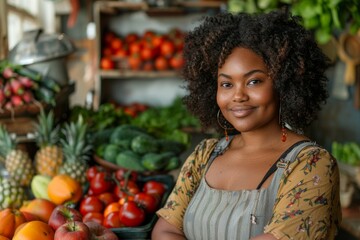 Happy female entrepreneur with curly hair smiling in a produce-rich grocery store - obrazy, fototapety, plakaty