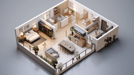 A 3D small house model on an architectural floorplan.