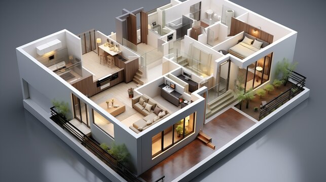 A 3D model of a small house placed on an architectural floor plan.