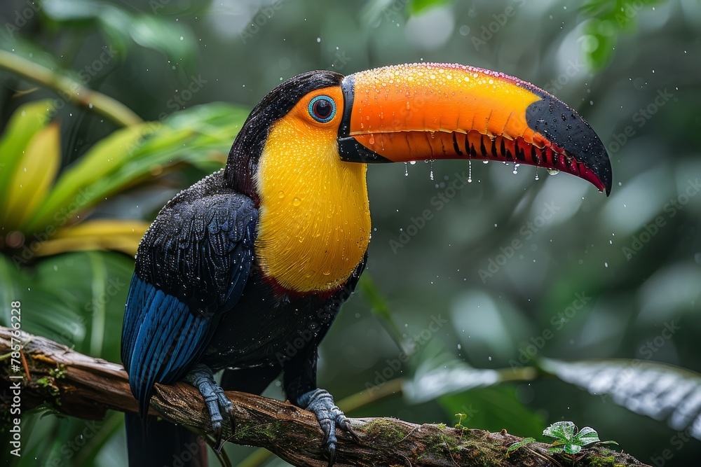 Aufkleber a close-up shot capturing the striking colors and details of a toucan perched on a branch, with rain