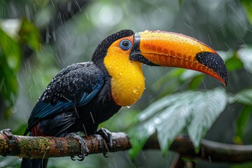 Naklejka premium A soaked toucan perched gracefully on a branch amidst the rain in the forest