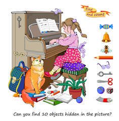 Can you find 10 objects hidden in the picture? Logic puzzle game for children and adults. Illustration of little girl playing piano. Educational page for kids. Flat cartoon vector drawing.