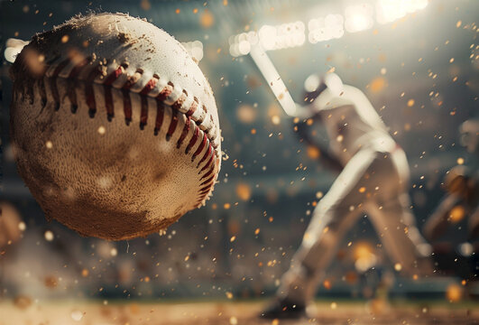 A close-up action shot of a worn baseball mid-flight with dirt particles scattering against a blurred backdrop of a focused batter ready to swing.