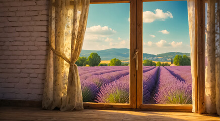 window lavender field - obrazy, fototapety, plakaty
