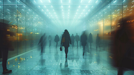 Silhouette of people in motion walking in the corridor of a building. Concept of time running fast