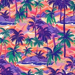 Fototapeta na wymiar Vibrant Tropical Landscape Seamless Pattern background Illustration, Design for fashion,fabric,web,wallaper,wrapping