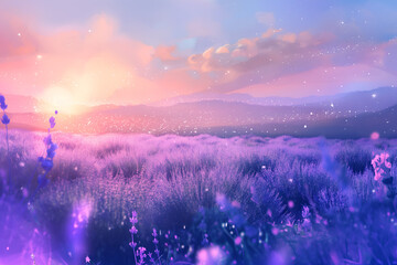 Captivating digital art of a lavender field at sunset, evoking tranquility with gentle hues of...