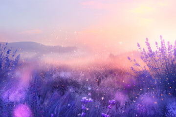 Captivating digital art of a lavender field at sunset, evoking tranquility with gentle hues of purple and blue, subtle gradients, and delicate textures.