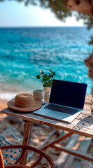 A laptop is on a table . The scene is set on a beach, with the ocean in the background