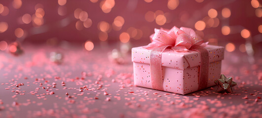 pink gift box on a table with confetti and an blurred background, copy space 