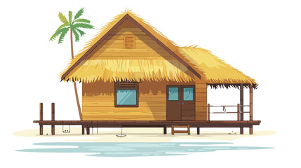 Fototapeta na wymiar Beach house cartoon. Straw and wood island hut