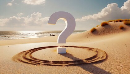 Obraz premium Art drawn on a sandy beach with a large white question mark in the center surrounded by a circle