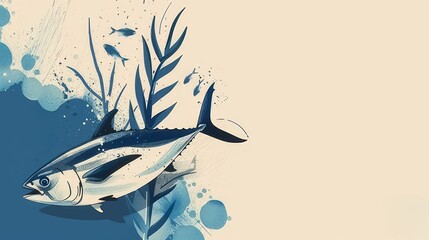 Stylized minimalist illustration of a tuna among seaweed, celebrating World Tuna Day with a splash of abstract elements, May 2