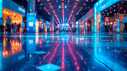A busy shopping mall with people walking around and lights shining brightly