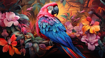 tropical leaves greenery with green leaves and colorful parrot birds over black background