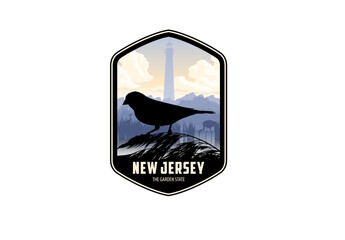 New Jersey vector label with Eastern Goldfinch near Cape May Lighthouse
