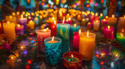 Candles and lanterns of all colors fill the night, officially beginning Christmas with magic. Perfect for greeting cards, posters, and holiday banners. - obrazy, fototapety, plakaty