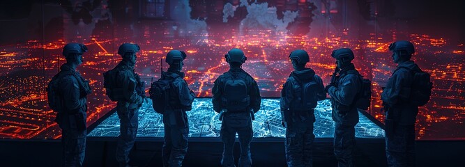 Futuristic Warfare Strategy: Military Intelligence Experts Use Holographic Augmented Reality Table Map to Scan Enemy Terrain. Army Reconnaissance Use 3D Surveillance Tech, Data Analysis to Win War 