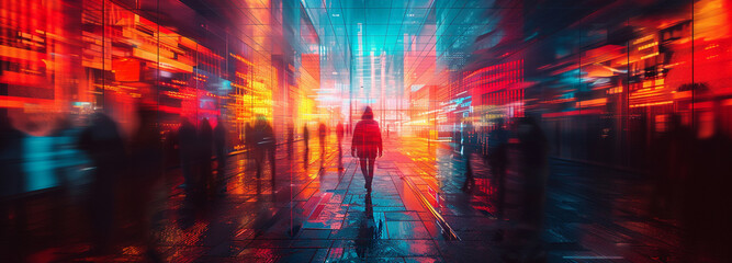 A blurry image of a city street with a person walking in the foreground. 