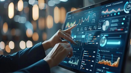 A financial advisor uses a KPI Dashboard on a virtual screen to analyze business finance data and management technology