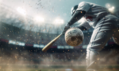A dynamic shot capturing a batter in mid-swing missing the baseball, with dirt flying, symbolizing missed opportunities and the fleeting nature of chance in sports. - obrazy, fototapety, plakaty