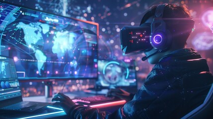 A gamer engages in a videogame tournament using a futuristic interface - obrazy, fototapety, plakaty