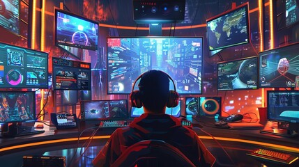 A gamer engages in a videogame tournament using a futuristic interface