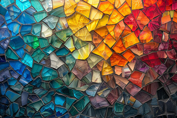 A mosaic of colorful glass shards and tiles, arranged to depict a vibrant scene or pattern. Concept of mosaic art and craftsmanship. Generative Ai.
