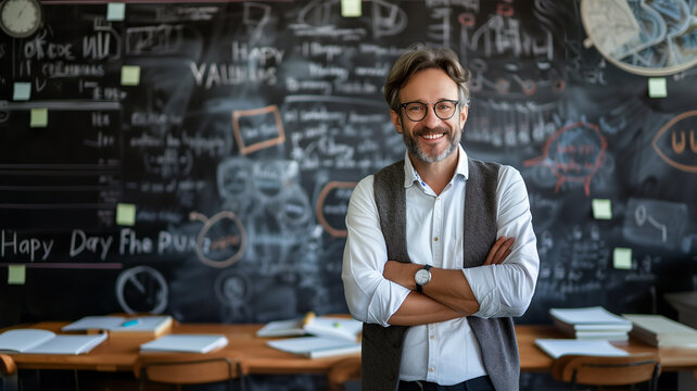 Confident  male teacher or professor standing in front of green chalk board with folded arms smiling