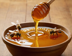 Honey Dripping from Wooden Spoon - obrazy, fototapety, plakaty