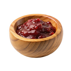 Red jam on wooden bowl isolated on transparent background