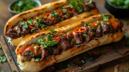 Delectable Trio of Vietnamese Banh Mi with Succulent Fillings. Concept Food Photography, Vietnamese Cuisine, Banh Mi Sandwiches, Delicious Fillings, Food Styling