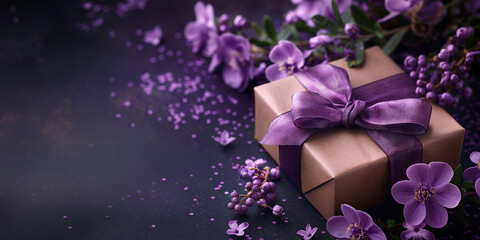 Mother's Day background with a gift and purple flowers, wide banner with copy space