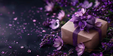 Mother's Day background with a gift and purple flowers, wide banner with copy space
