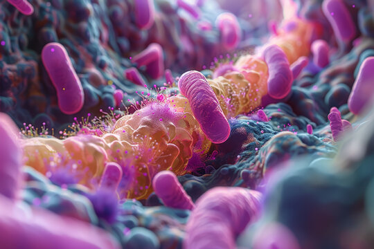 An illustration of the microbial ecosystem within the body, showcasing the balance between beneficial and harmful microorganisms. Concept of microbiome health and dysbiosis. Generative Ai.