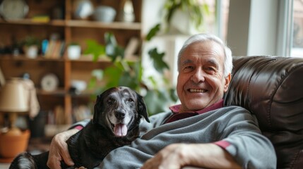 Portrait of an older man relaxing at home with his dog, smiling at the camera