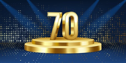 70th Year anniversary celebration background. Golden 3D numbers on a golden round podium, with lights in background.