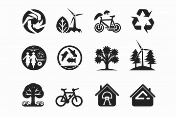 Ecology icon set. Environment, sustainability, nature, recycle, renewable energy; electric bike, eco-friendly, forest, wind power, green symbol. Solid icons vector collection. vector icon, white backg